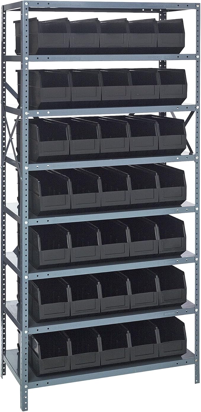 Quantum 1875-461BK Heavy Duty Shelving Unit with (8) Shelves and (35) SSB461 Black Bins for Industrial Warehouse Storage Distribution | 400 lbs Capacity | 18"D x 36"L x 75"H, Galvanized Carbon Steel