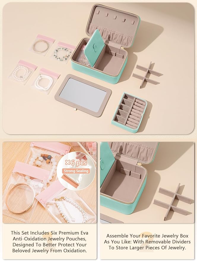 Velvet Travel Jewelry Box with Large Mirror, Double-Layer Jewelry Organizer Case for Women and Girls, Portable Storage Case with 6 Anti-Tarnish Bags Gift Ready for Her (Mint Green)