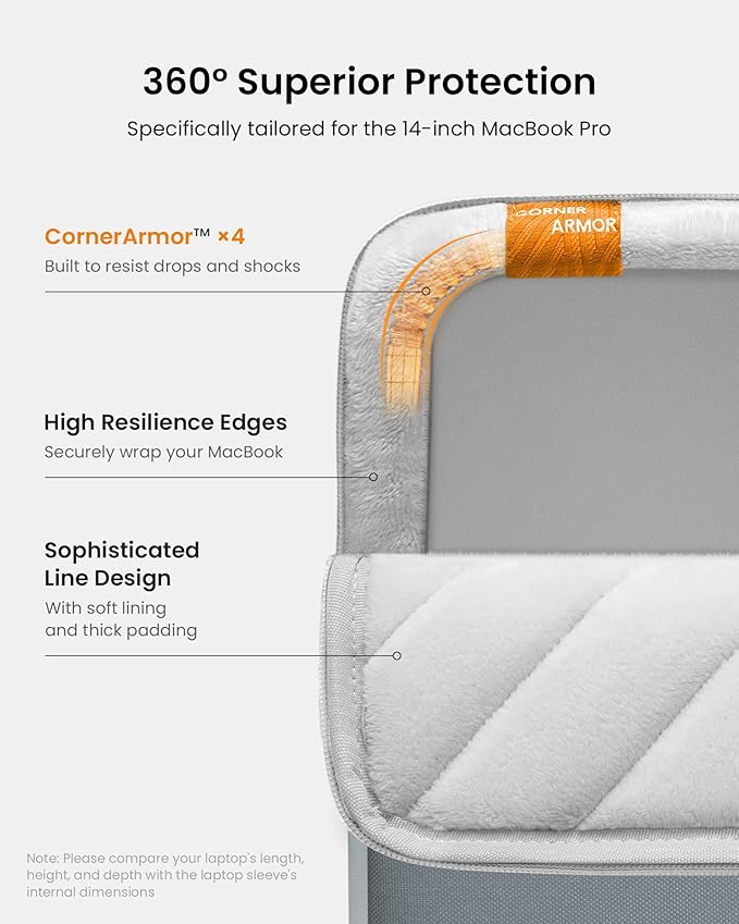 tomtoc 360° Protective Laptop Sleeve for 14-inch MacBook Pro M5/M4/M3/M2/M1 Pro/Max A3434 A3112 A3401 A3185 A2992 A2918 2025-2021, Water-Resistant Case Bag with Accessory Pocket for 13.8Surface Laptop