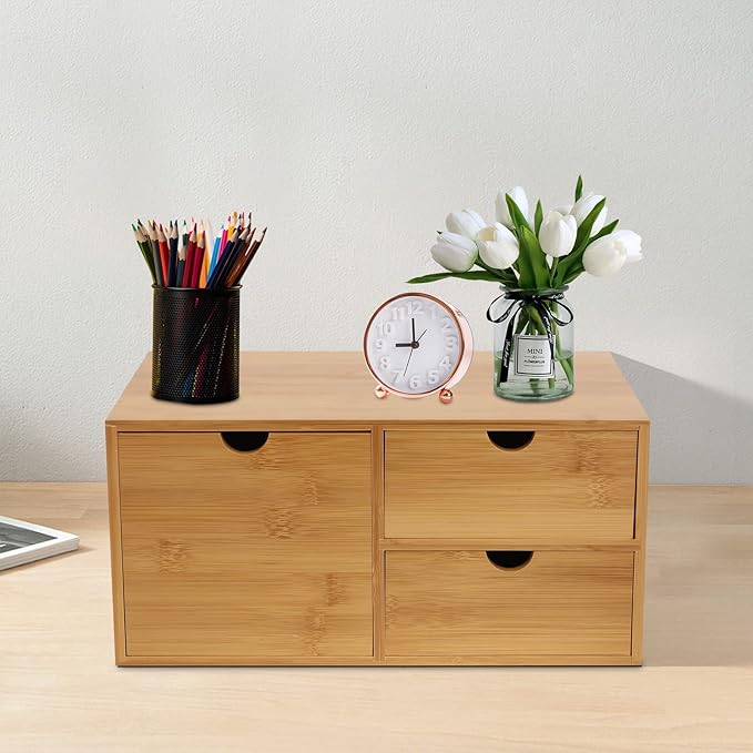 TFCFL Bamboo Desk Organizer with 3 Drawers, Wood Desktop Storage Box for Office Supplies, Natural Bamboo Drawer Organizer with Flat Top for Pen, Mail, Stationery Home Office Organization