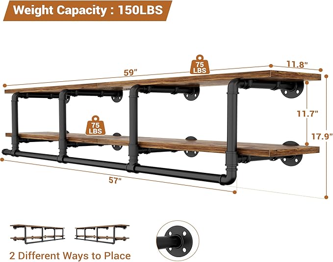 Aheaplus Industrial Pipe Clothes Rack with Top Shelf, 59In Space-Saving Wall Mounted Clothing Rack, 2 Tiers Heavy Duty Pipe Clothing Shelves with Hanging Rod for Laundry Room, Closet, Rustic Brown