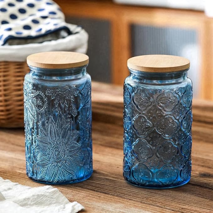 ANSQU Set of 2 Vintage Glass Jars, 34oz Candy Jars with Lids, Vintage Colored Mason Jar for Kitchen Decorative Jars for Coffee Tea Candy Cookies, Cute Jar (Blue & Green)