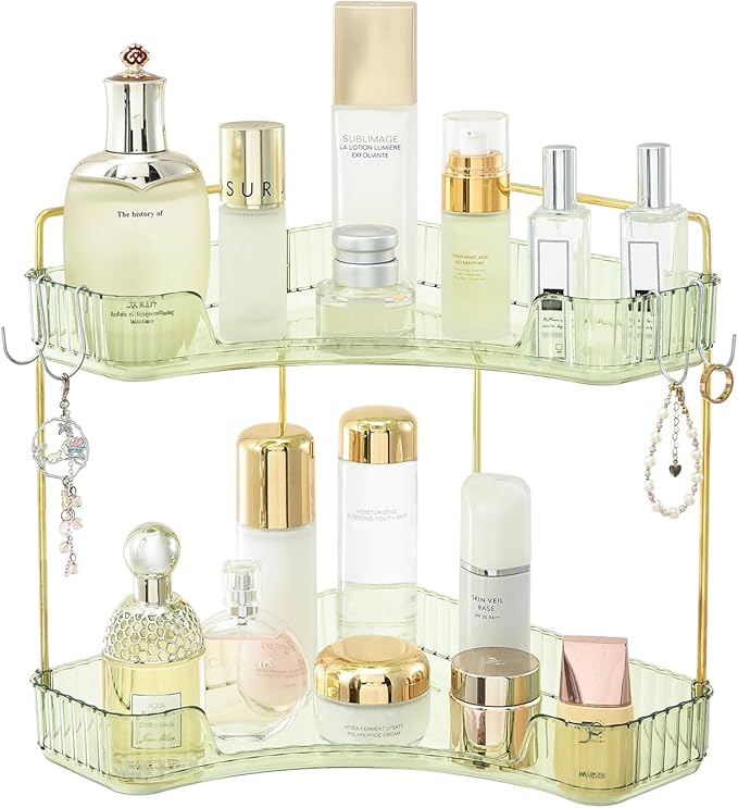 2 Tier Plastic Bathroom Sink Organizer with Hooks, Corner Bathroom Counter Organizer Makeup Storage Vanity Tray for Countertop (Green Gold)