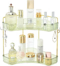 2 Tier Plastic Bathroom Sink Organizer with Hooks, Corner Bathroom Counter Organizer Makeup Storage Vanity Tray for Countertop (Green Gold)