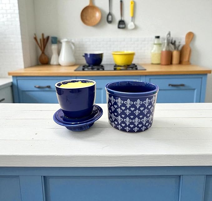 Butter Crock with Lid for Countertop, Butter Keeper Crock with Water, French Butter Dish Ceramic, Butter Holder with Lid for Spreadable Butter, Butter Container for Counter (Blue Fleur, Navy)