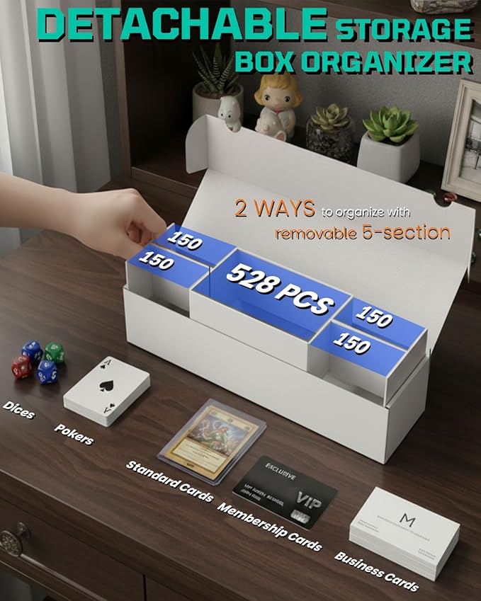 Laminated Trading Card Storage Box, 6-Pack Storage Card Box with 5-Compartment, Glossy White Cardboard Collector Box for TCG/Sports Cards Storage