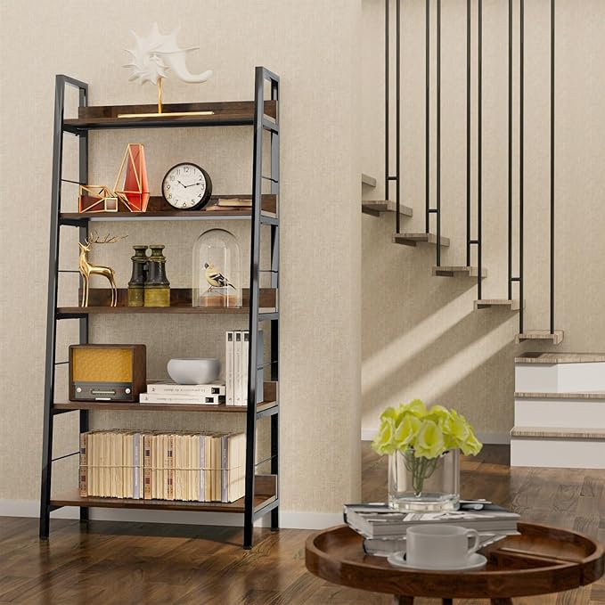 Himimi Bookshelf, Industrial Wood Bookshelves and Bookcases, Ladder Shelf 5 Tier with Metal Frame for Living Room, Bedroom, Kitchen, Home Office, Rustics Brown