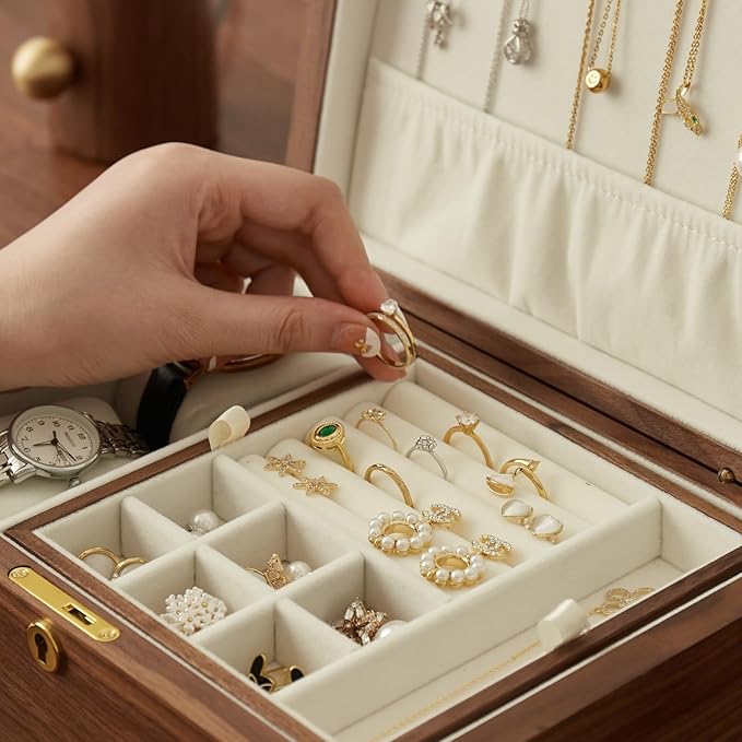 Solid Black Walnut Wood Jewelry Box With Velvet Lining,Personalized Ring and Necklace Box for Women and Girls,Brass Lock and Handle (With lock)