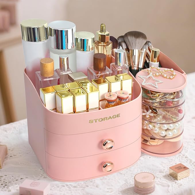 XIAPIA Makeup Organizer Countertop, Make Up Organizer for Vanity, Skincare & Cosmetic Organizers with Drawers, Bathroom Organizers Storage for Brush Holder|Lipstick|Jewelry, Ideal Gift for Women PINK