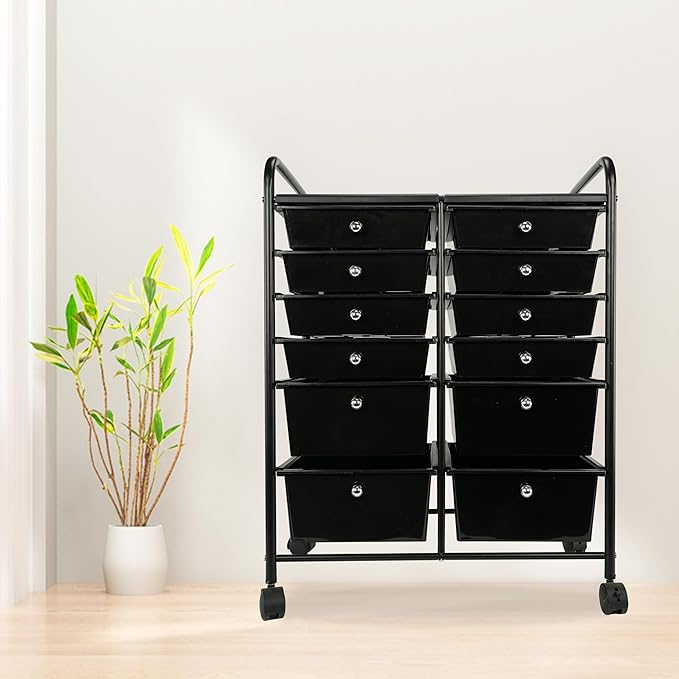Multipurpos 12 Drawers Rolling Storage Cart With Drawers, Black Plastic Storage Trolley, Rolling Carts With Wheels, Craft Corner Storage Organizer for Kitchen Bathroom Garage Office Salon Shop