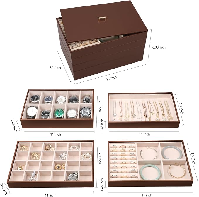 Voova Stackable Jewelry Organizer Tray with Lid, PU Leather Jewelry Storage Holder for Drawer Inserts, Jewellery Display Box Case for Earring Necklace Ring Watch Bracelet (Set of 4, Caramel Brown)