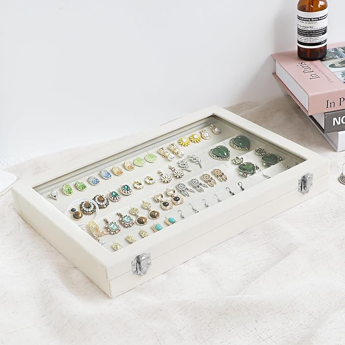 Wudygirl Jewelry Organizer Velvet Earring Organizer with Clear Lid 32 Pairs Earring Holder Jewelry Tray Display Case (Beige 64 Slot)