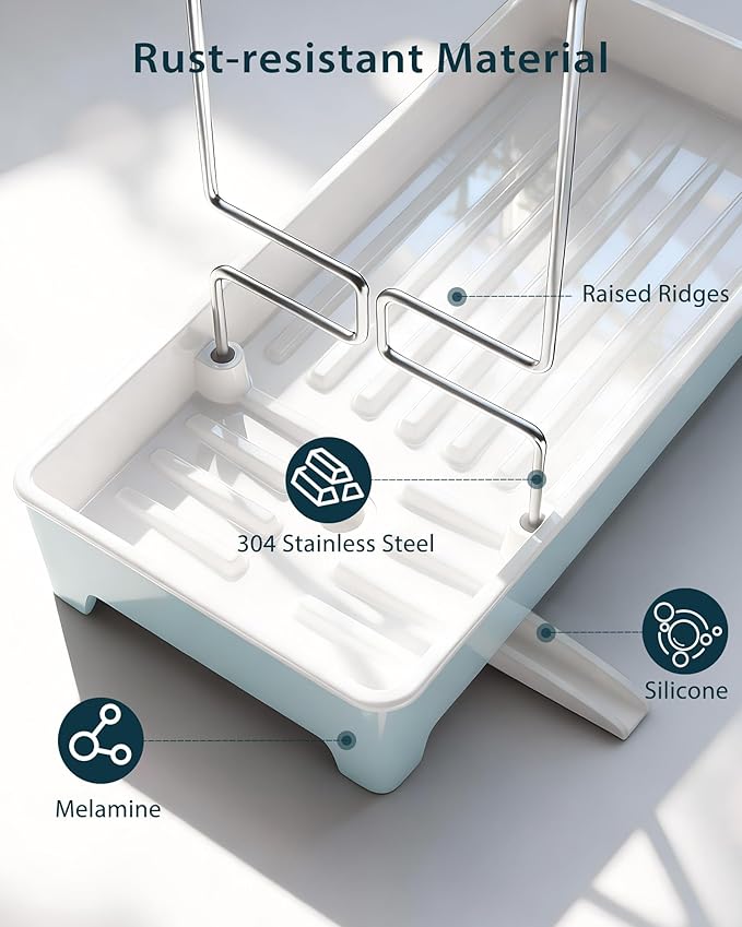 Ceramic-Look Sink Caddy, Rustproof Sponge Holder for Kitchen Sink with 304 Stainless-Steel Brush Holder, Countertop Rack Organizer with Raised Ridges & Silicone Drain Tube (Pastel Blue)