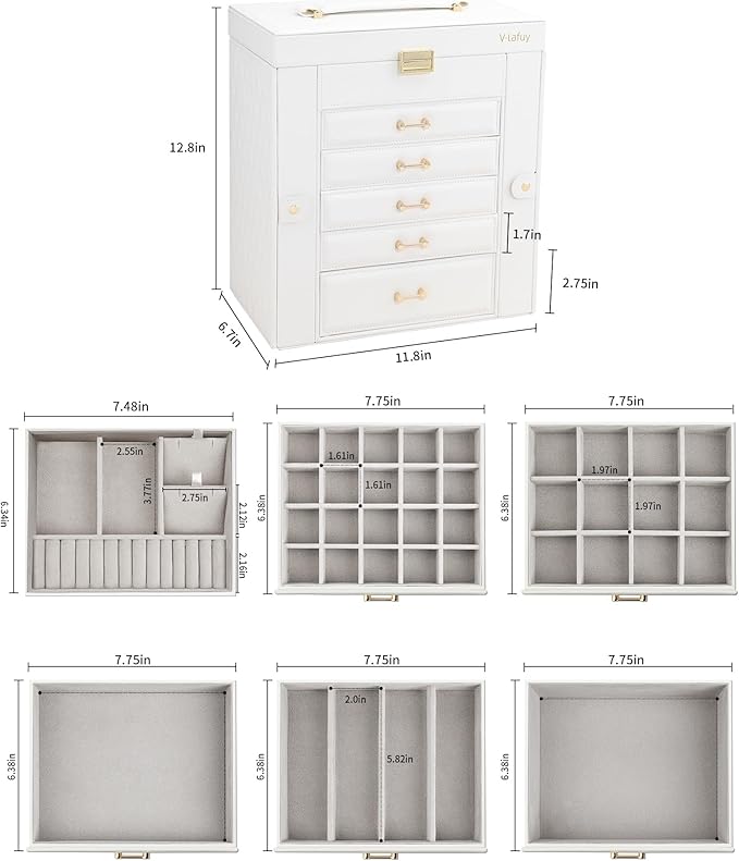 Jewelry Box with Mirror, White - Large Jewelry Organizer and Storage for Women