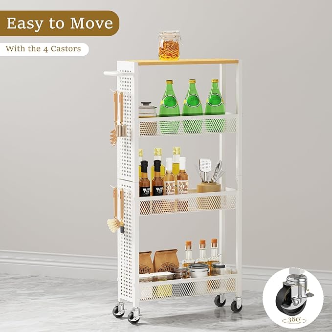 Utility Slim Storage Cart 4 Tier Small Rolling Kitchen Laundry Room Organization Cart with Wood Top Metal Narrow Bathroom Cart Cabinet Narrow Storage Cabinet Trolley with Handle for Small Space