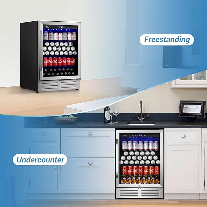 24 Inch Beverage Refrigerator, 210 Cans Under Counter Beverage Cooler, 24" Space Built-In Beer and Drink Fridge with Glass Door for Soda, Water, and Milk - For Kitchen, Bar or Office