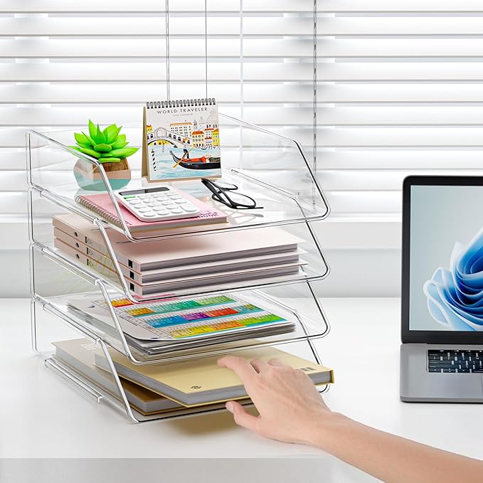 YKLSLH 4 Tier Paper Organizer Letter Tray - Acrylic Stackable Desk File Organizer, Clear Paper Sorter Office Organizer for Letter/A4, Office File Ipad Books Notes Etc