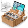 Multi-Device Charging Station Dock & Organizer, with Power Supply (5 Ports HUB), and Cables, Bedside Docking Station with Drawer Compartment -Natural Bamboo