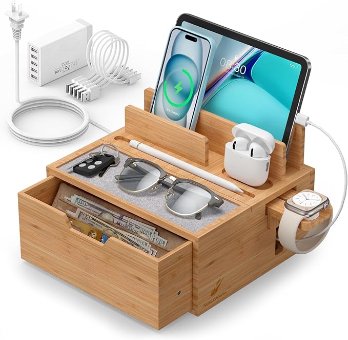 Multi-Device Charging Station Dock & Organizer, with Power Supply (5 Ports HUB), and Cables, Bedside Docking Station with Drawer Compartment -Natural Bamboo