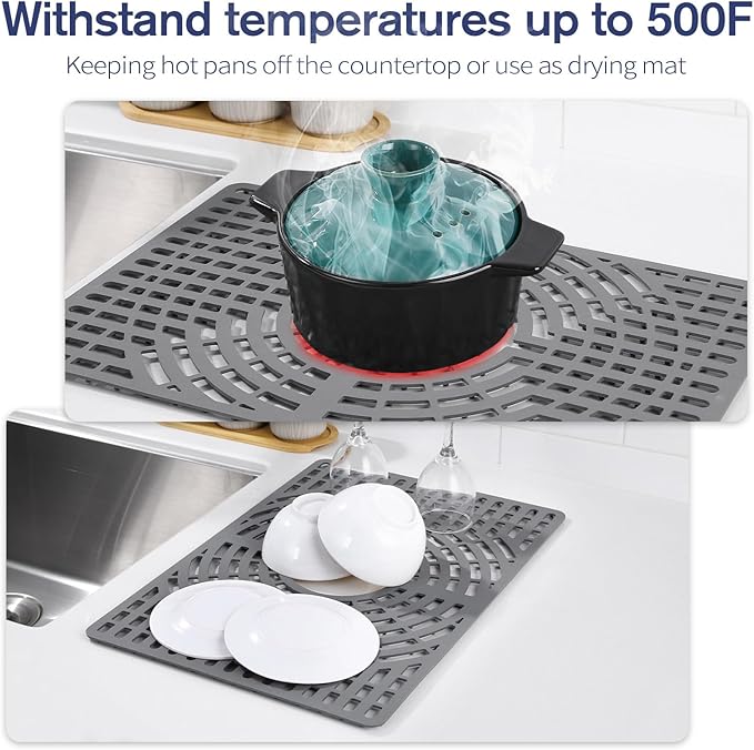 Silicone Sink Protector 19"x13" Center Drain Hole, Heat Resistant Non-slip Dishwasher Suitable, Sink Mat for Bottom of Farmhouse Kitchen Stainless Steel Sinks(Grey)