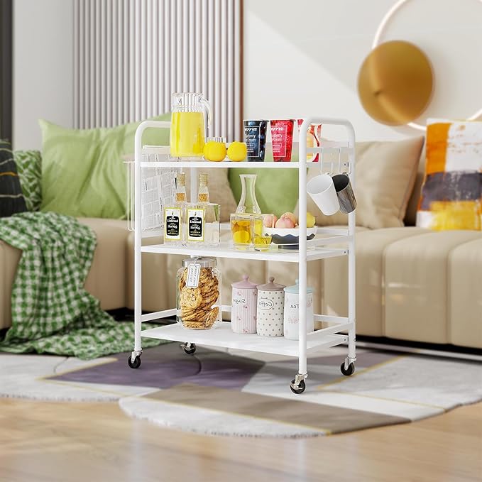 HDANI 3 Tier Metal Rolling Utility Cart,High Capacity Multi Purpose Heavy Duty Cart for Office,Kitchen,Living Room,Bedroom,White