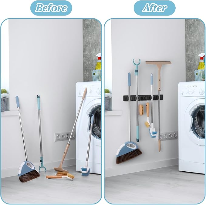 Black Broom Holder Wall Mount - Heavy Duty Wood Mop and Broom Organizer with 5 Slots & 4 Hooks - Sturdy Garden Tool Hanger for Laundry Room Closet Kitchen Garage Storage and Organization
