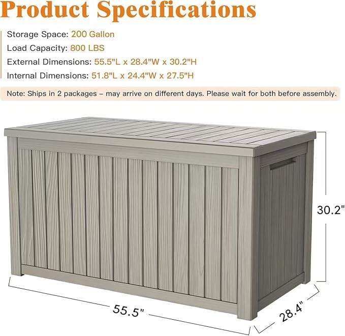 Outdoor Storage Box - Lockable Waterproof UV-Resistant Resin Deck Box for Patio Cushions, Pool Accessories (Grey, 200 Gallon)
