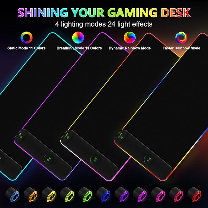 Magnetic Wireless Charging RGB Mouse Pad, 31.5'' x 11.8'' Large LED Gaming Desk Mat, 24 Light Effects, Non-Slip Rubber Base, Waterproof Ultra-Smooth Surface