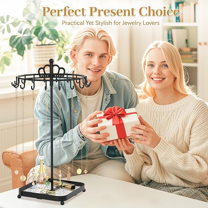 MODOWEY Rotating Metal Necklace Holder Organizer Stand with Acrylic Tray, 18 Hooks Small Jewelry Display Tree for Pendant Bracelet Storage, Compact Chain Hanger Rack for Women Men Space Saving, Black
