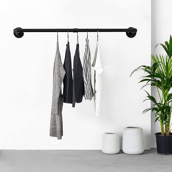 54” Wall Mounted Clothes Rack, Industrial Pipe Black Iron Garment Bar, Heavy-Duty Detachable Clothing Rod, Multi-Purpose Metal Wall display Hanging Pole for Closet Storage, Laundry Room 2 Base