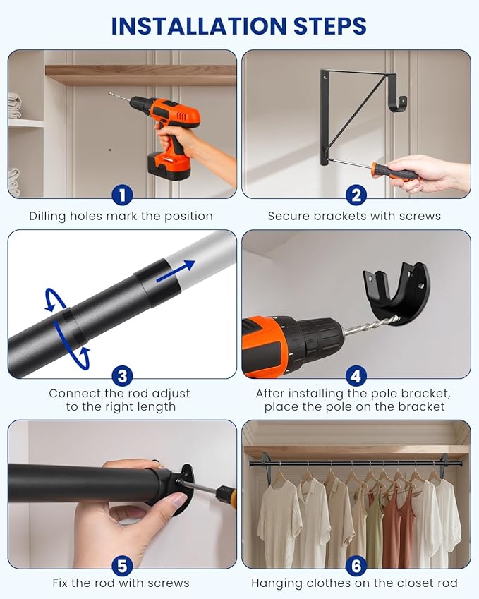 Closet Rods for Hanging Clothes with Triangular Brackets, 17 to 39 Inches Stepless Adjustable Closet Rod, 1.3 Inch Heavy Duty Closet Rod for Closet Wardrobe Laundry RV (Without Board/Black)