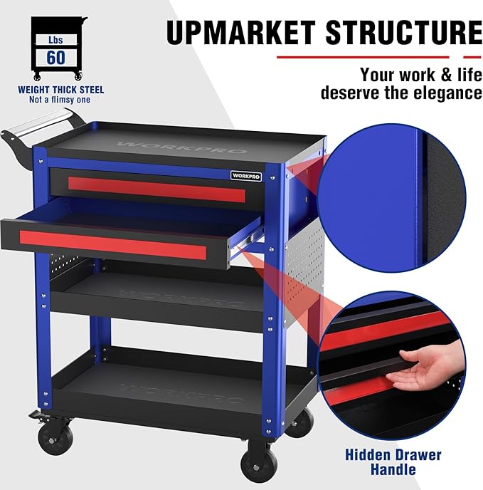 WORKPRO Premium 28" 2-Drawer Rolling Tool Cart, Heavy Duty Utility Industrial Service Cart Storage Organizer with Wheels and Locking System, for Mechanic, Warehouse, Garage, Workshop, 400 lbs Load