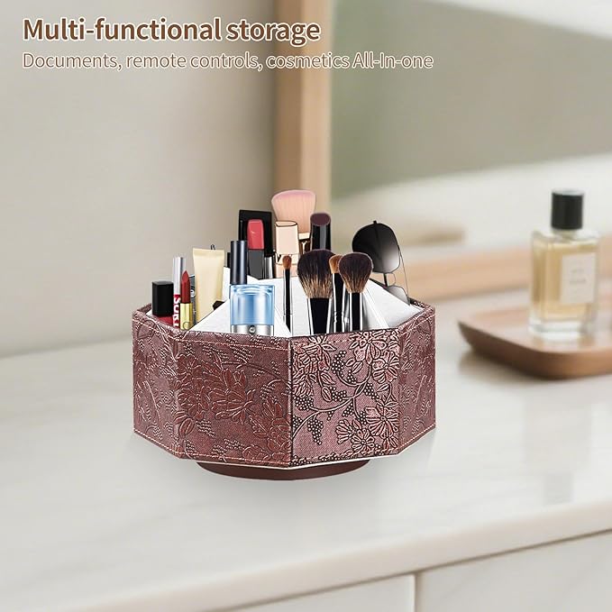 Remote Control Holder, Swivel 9 Rooms Desk Organizer and Decorations for Living Room, Leather Bedside Storage Caddy for TV Controllers/ Makeup Brush Pen/ Office Stationery/ Art Supplies/ Eyeglasses