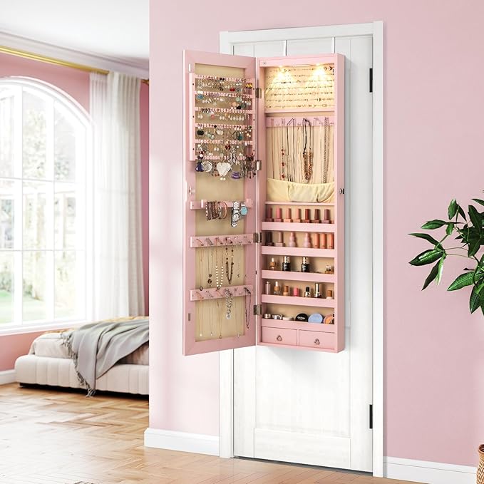 Giantex Wall Door Mounted Jewelry Armoire Cabinet with 47.5" Full Length Mirror, 2 LEDs Lockable Jewelry Organizers and Storage, Over the Door Jewelry Organizer Cabinet with 2 Drawers (Light Pink)