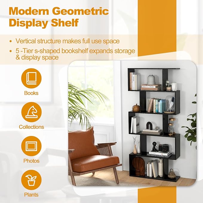 5-Tier Geometric Bookcase, 62.5” Freestanding Room Divider Bookshelf with Open Display Shelves & Anti-tip Device, Wood S-Shaped Storage Organizer for Living Room, Bedroom, Study & Home Office