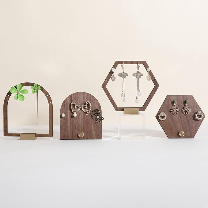 GemeShou 3pcs wooden jewelry earring organizer holder, walnut earring studs stand for boutique store, cute earring display for selling with 6 holes on each【Earring stand-Hexagon-3pcs】