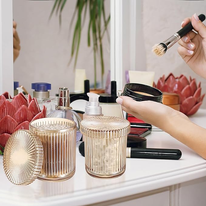 2 Pack Glass Qtip Holder with Lid, Qtip Dispenser Bathroom Storage Jars- Glass Apothecary Jars for Cotton Ball, Swab, Pads, Floss Picks, Bathroom Accessories Organization and Vanity Organizer (Amber)