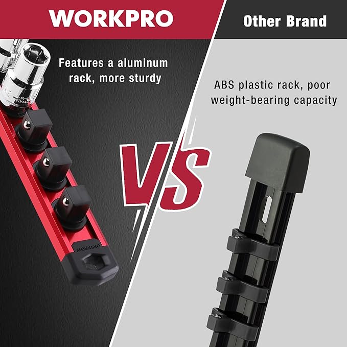 WORKPRO Magnetic Socket Organizer Set, 3-Piece Aluminum Alloy Socket Rail, Heavy Duty Socket Holder, Socket Rack Kit 1/4-Inch x 12 Clips, 3/8-Inch x 10 Clips, 1/2-Inch x 10 Clips (Red)