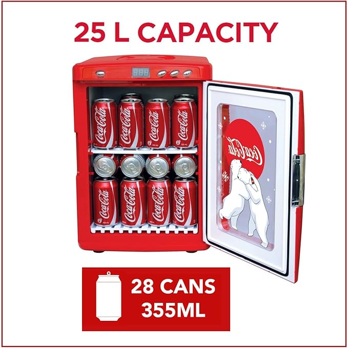 Coca-Cola 25L Retro Mini Fridge Polar Bear Design Portable Cooler/Warmer for Snacks Drinks Skincare Cosmetics with AC DC Capable Ideal for Bedroom Office Dorm Travel