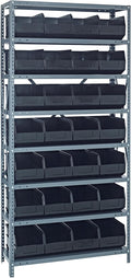 Quantum 1275-423BK Heavy Duty Shelving Unit with (8) Shelves and (28) SSB423 Black Bins for Garage Warehouse Storage Distribution | 400 lb Load Capacity | 12"D x 36"L x 75"H, Galvanized Carbon Steel