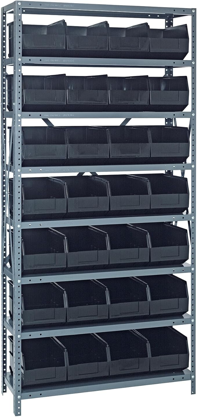 Quantum 1275-423BK Heavy Duty Shelving Unit with (8) Shelves and (28) SSB423 Black Bins for Garage Warehouse Storage Distribution | 400 lb Load Capacity | 12"D x 36"L x 75"H, Galvanized Carbon Steel