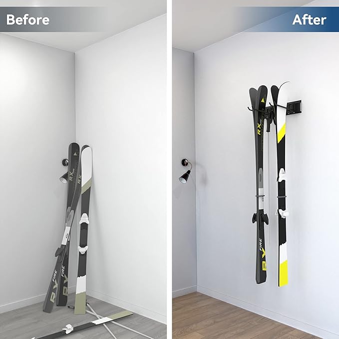 WALMANN Garage Storage Organization System Ski Wall Rack 2 Pairs of Skis Mount Hanger Home Shed and Garage Snowboard Wall Rack Holds Up to 100 lbs