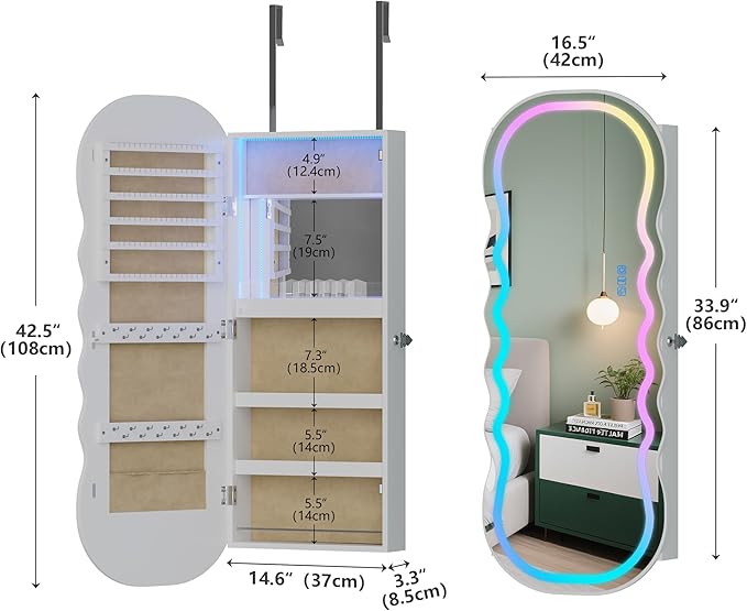HNEBC LED Mirror Jewelry Cabinet with RGB Lights,42.5" Wall Mounted Jewelry Organizer with Full-Length Mirror,Over The Door Hanging Jewelry Armoire Storage Cabinet,Lockable,Wide Wavy Mirror