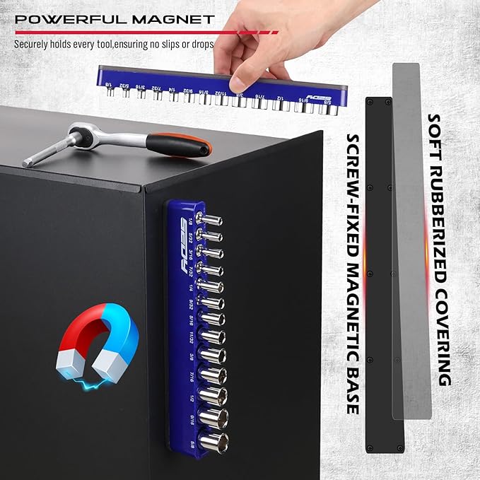 2-Piece 1/4"-Drive SAE Magnetic Socket Organizer Set (Holds 26 Sockets) - Detachable Tool Tray with 5mm Magnetic Base, Screw-Fixed Design & Heavy-Duty Modular Storage for Garage/Home Workshop
