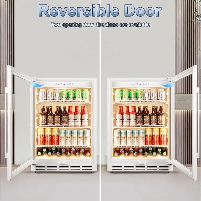 Beverage Refrigerator, 4.9 Cubic Feet Undercounter/Freestanding 24 Inch Beverage Fridge with Glass Door, LED Light, Safety Lock, Touch Control, Low Noise (White)