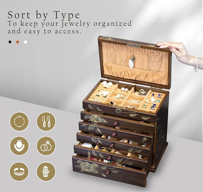 Hand-painted Wooden Jewelry Box, 7 Layer Jewelry Organizer, Vintage Wooden Jewelry Boxes for Women,jewelry holder organizer,5 drawer dresser,necklace organizer box with lock