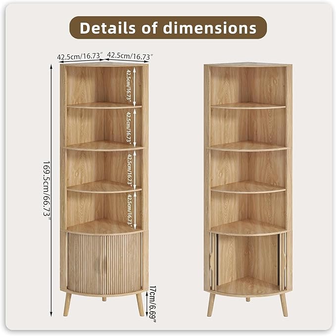 5-Tier Corner Shelf, 66.73''Tall Modern Corner Bookshelf, 5 Shelf Bookcase with 2 Fluted Doors, Freestanding Wood Corner Display Storage Shelf Organizer for Living Room, Office (Wood Color)