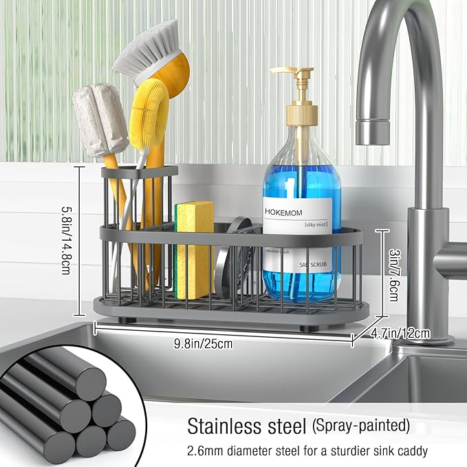 Kitchen Sink Organizer with Sponge Holder & Brush Holder - Drain-Free Non-Slip Base, 2.6mm Stainless Steel with Grey Rust-Resistant Coating - Easy Install & Clean Kitchen Sink Caddy