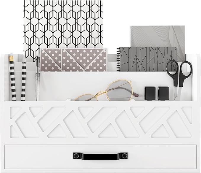 Bamboo Mail Organizer Countertop Wood Desk Organizer Drawer Tabletop Storage Box Letter Sorter Makeup Organizer for School Home Office Supplies White