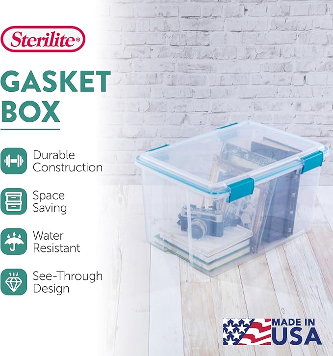 Sterilite 12-Pack Gasket Box, Weather-Resistant Storage Bins with Latching Lids, 54 Quart - Heavy-Duty Organizing Containers for Closet, Bathroom, and Office
